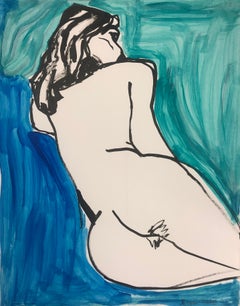 Nude woman. Original contemporary ink and acrylic drawing on paper. (blue) 