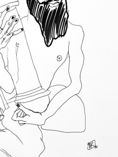 "Aarron no. 2", figure line drawing of nude male sitting holding an object