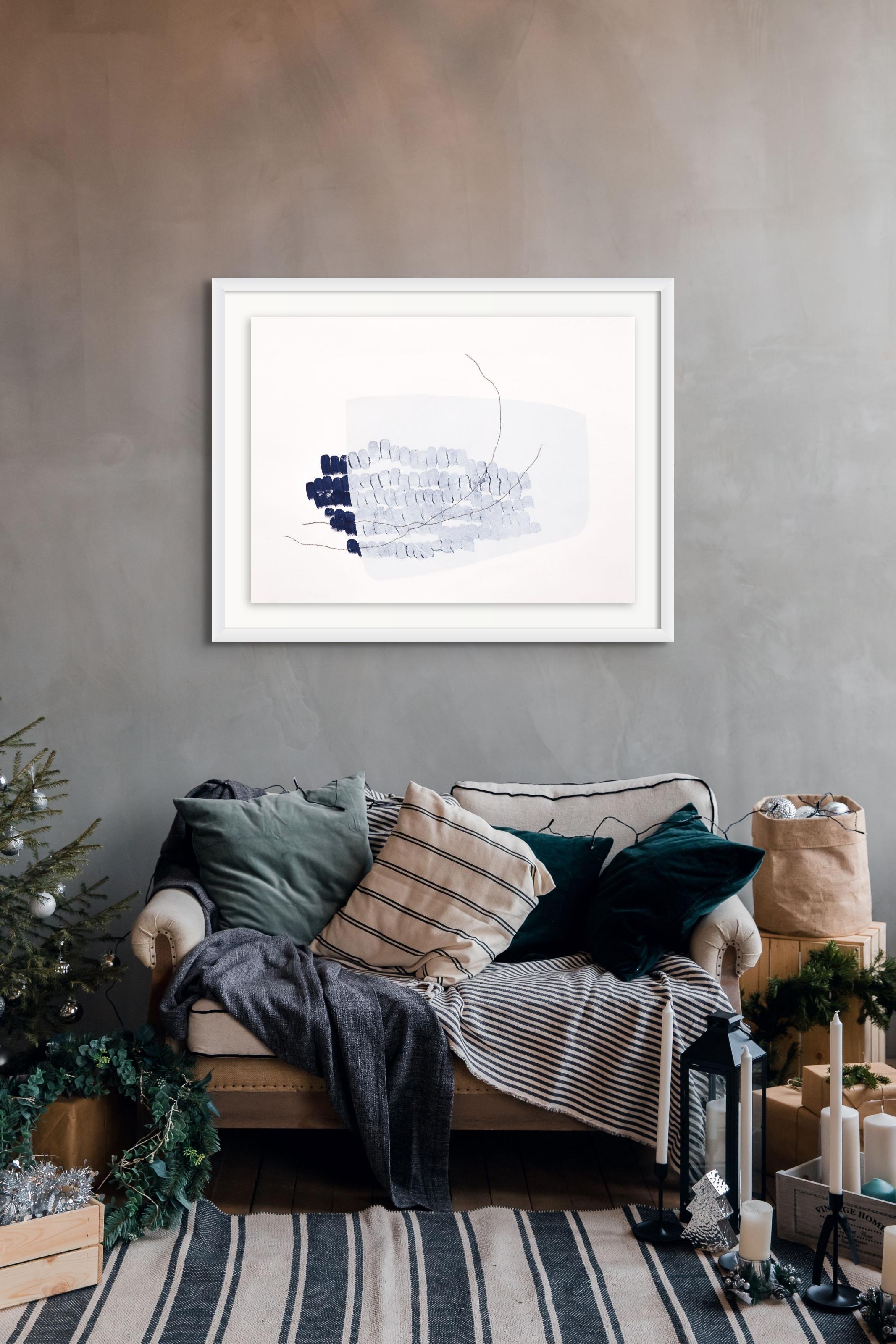 « Frozen Tracks in Snow », paysage abstrait contemporain acrylique et crayon, papier - Blanc Abstract Drawing par Mel Reese