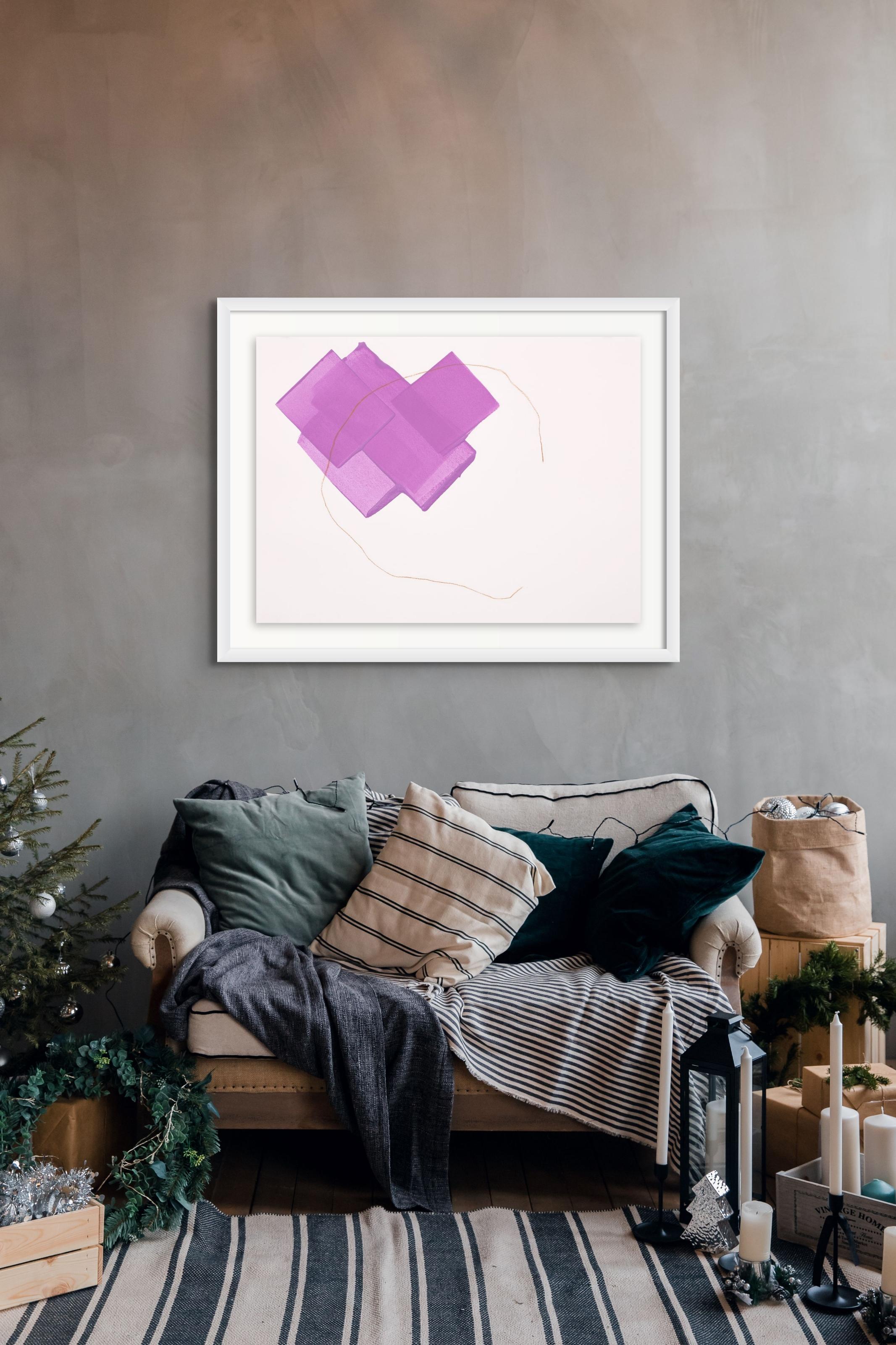 „Purple Fall““, zeitgenössische abstrakte Winterlandschaft aus Acryl und Buntstift auf Papier (Weiß), Abstract Drawing, von Mel Reese