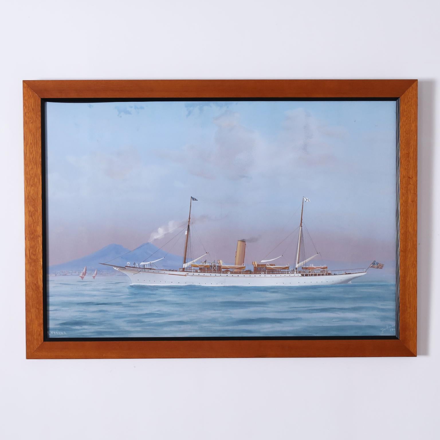 Antique painting of a steam powered yacht, flying the American flag and named "Varuna" on the Mediterranean sea with Mt. Vesuvius in the background. Executed in gouache by the noted Italian marine artist Antonio De Simone in 1900. Presented in a