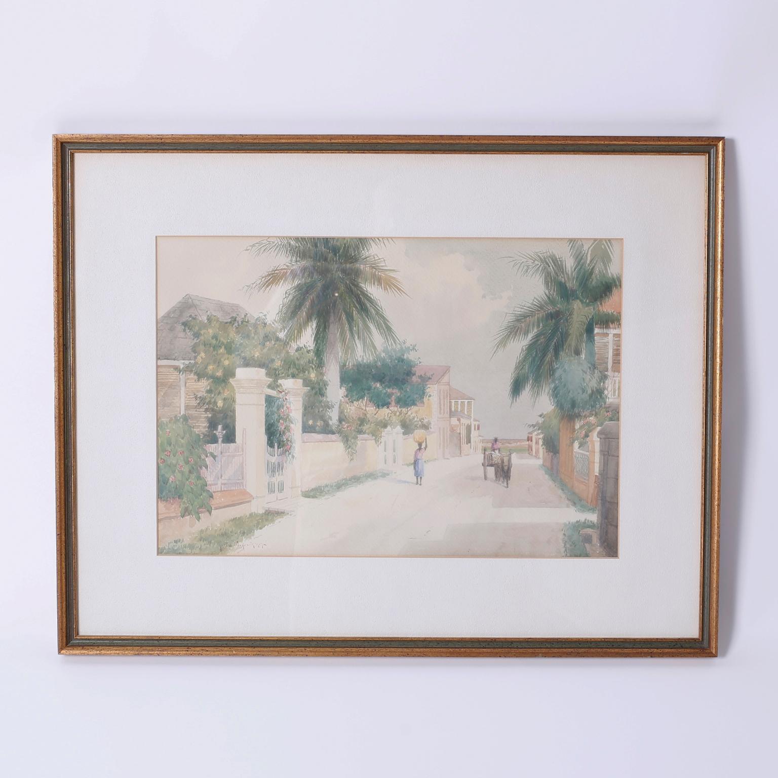 Hartwell Leon Woodcock Landscape Art – Bahamianische Straßenszene, Aquarellmalerei