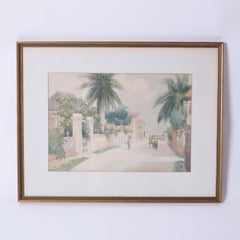 Antique Bahamian Street Scene Watercolor Painting