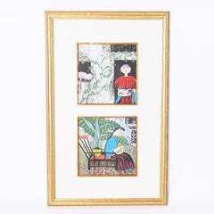 Vintage Two Chinese Paintings of Woman with Cats in a Common Frame