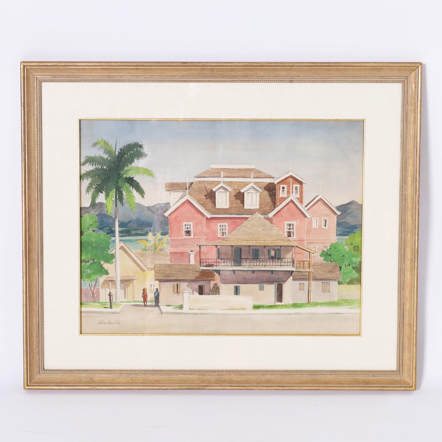 Unknown Landscape Art - Watercolor Painting of Tropical Architecture in the Bahamas