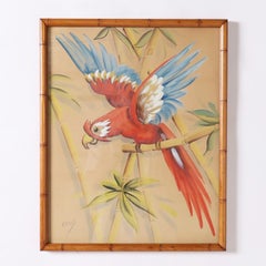 Peinture technique mixte d'un perroquet dans un cadre en faux bambou
