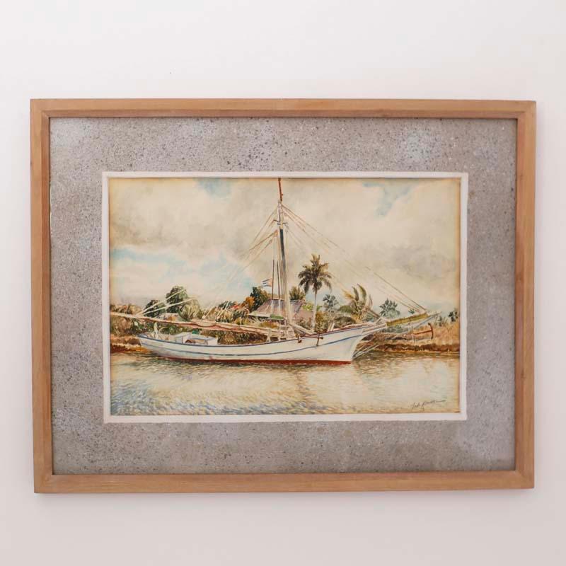 Unknown Landscape Art – Gerahmtes Aquarell auf Papier eines kubanischen Segelbootes