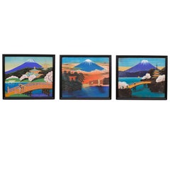 Antique Three Japanese Paintings of Mount Fuji