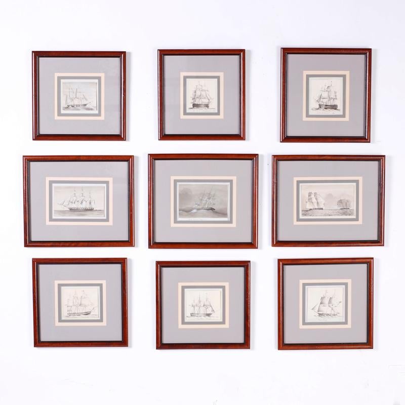 Unknown Landscape Art - Antique Set of Nine Framed Pen and Ink Navel Sailing Ships