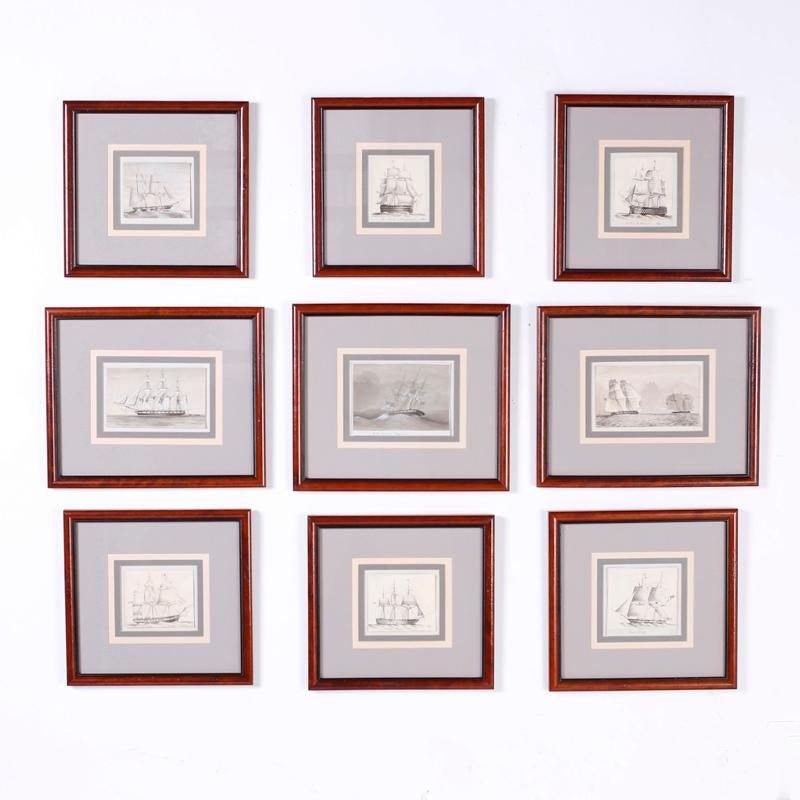 Antique Set of Nine Framed Pen and Ink Navel Sailing Ships