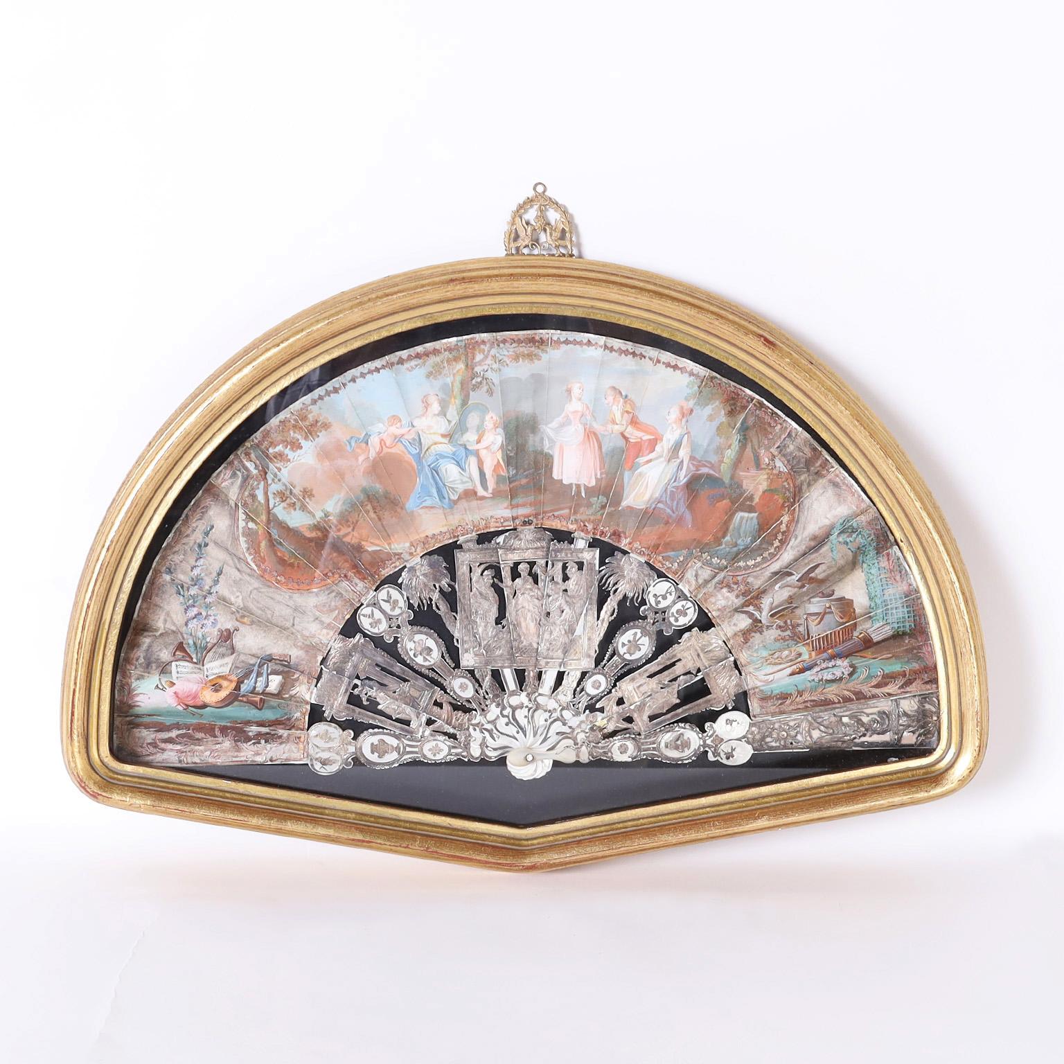 Antique Italian Painted Hand Fan in a Glass Case
