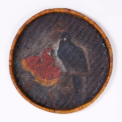 Folk Art Basket or Wall Hanging with Painted Parrots