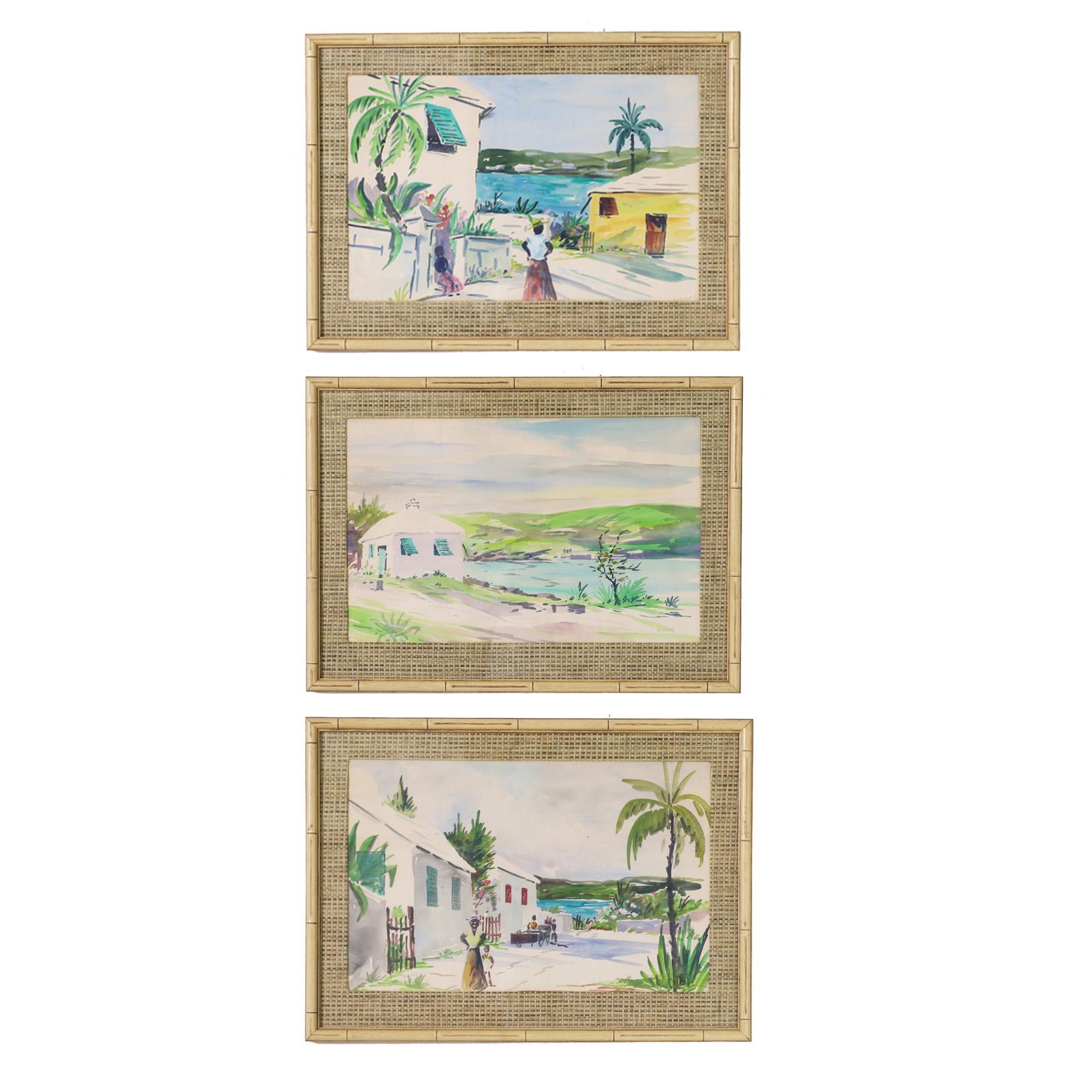 Striking group of three tropical watercolors by famed Bermuda painter Alfred Birdsey known for his impressionist style and vibrant colors. Presented under glass with grasscloth mats and faux bamboo frames.