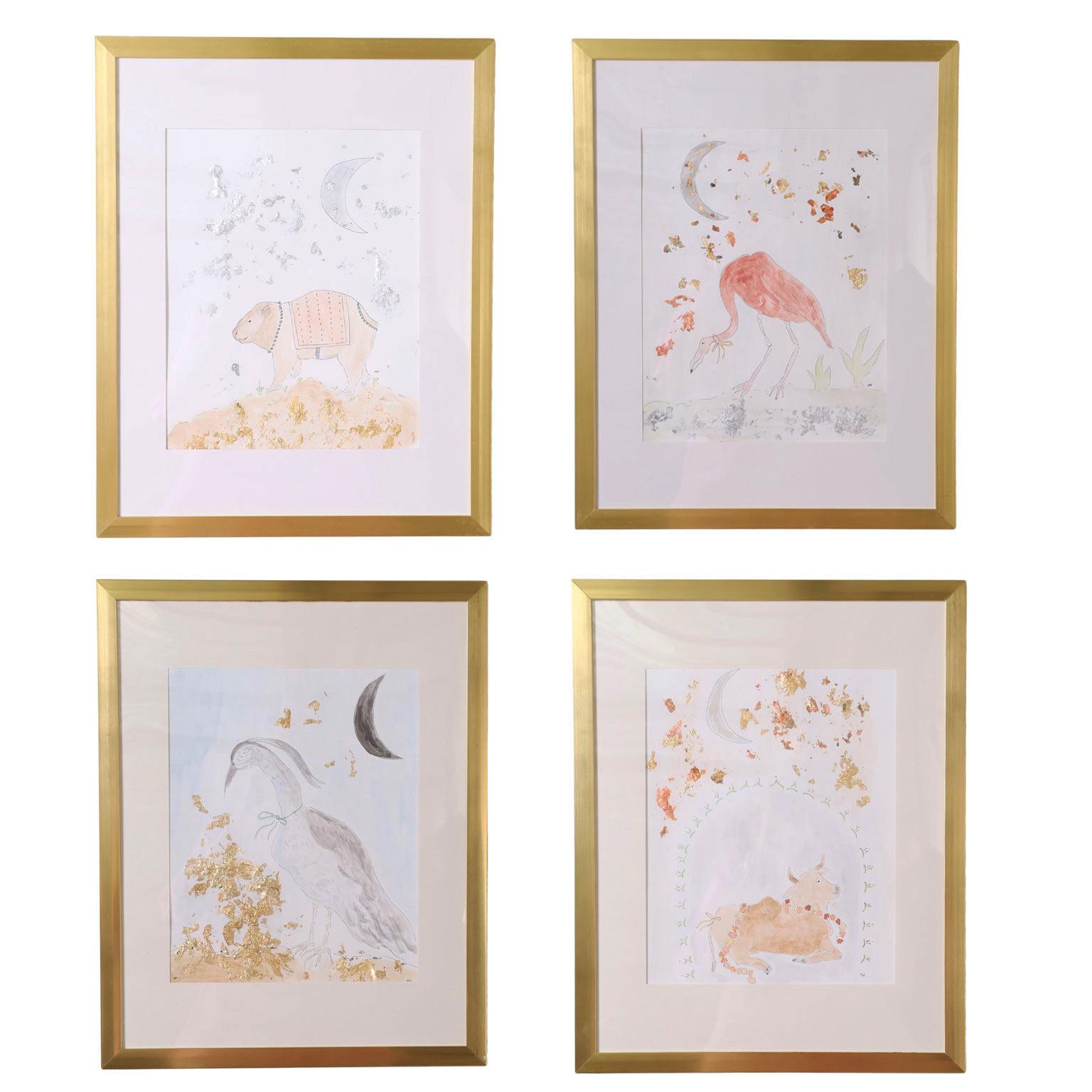 Unknown Animal Art - Set of Four Original Mixed Media Drawings of Animals