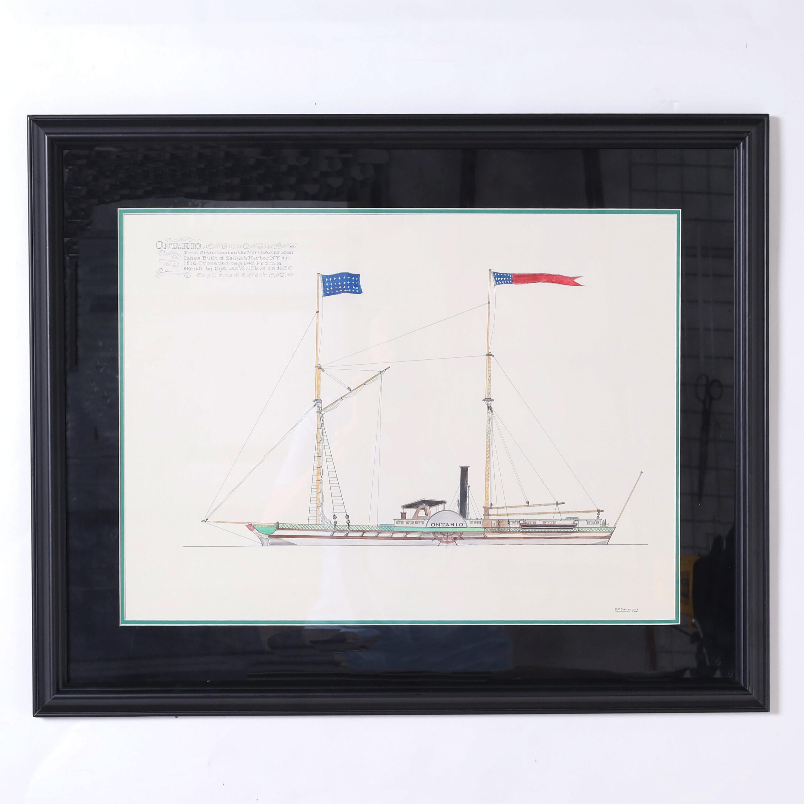 Peinture marine sur papier d'un bateau à vapeur Great Lakes
