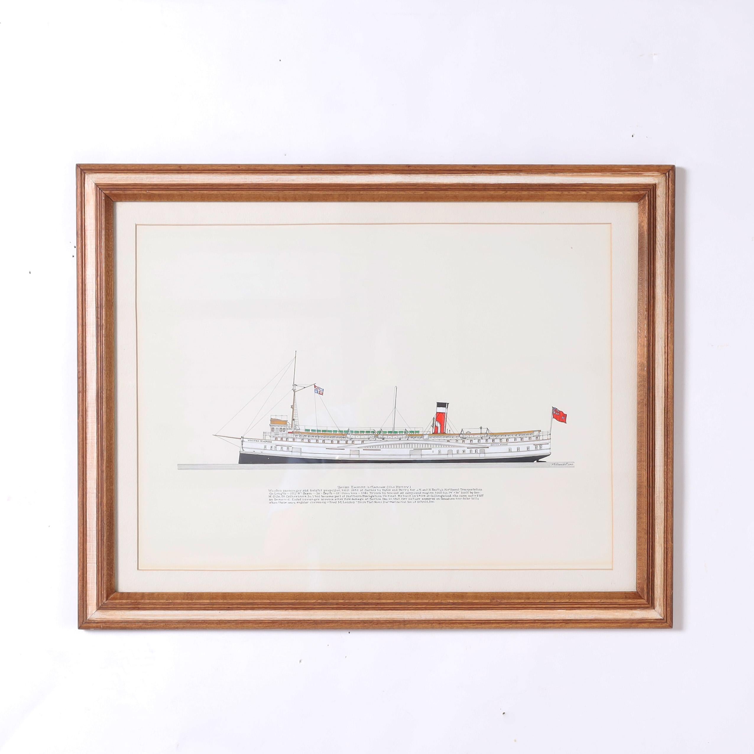 Marine Painting on Paper of a Great Lakes Steamship