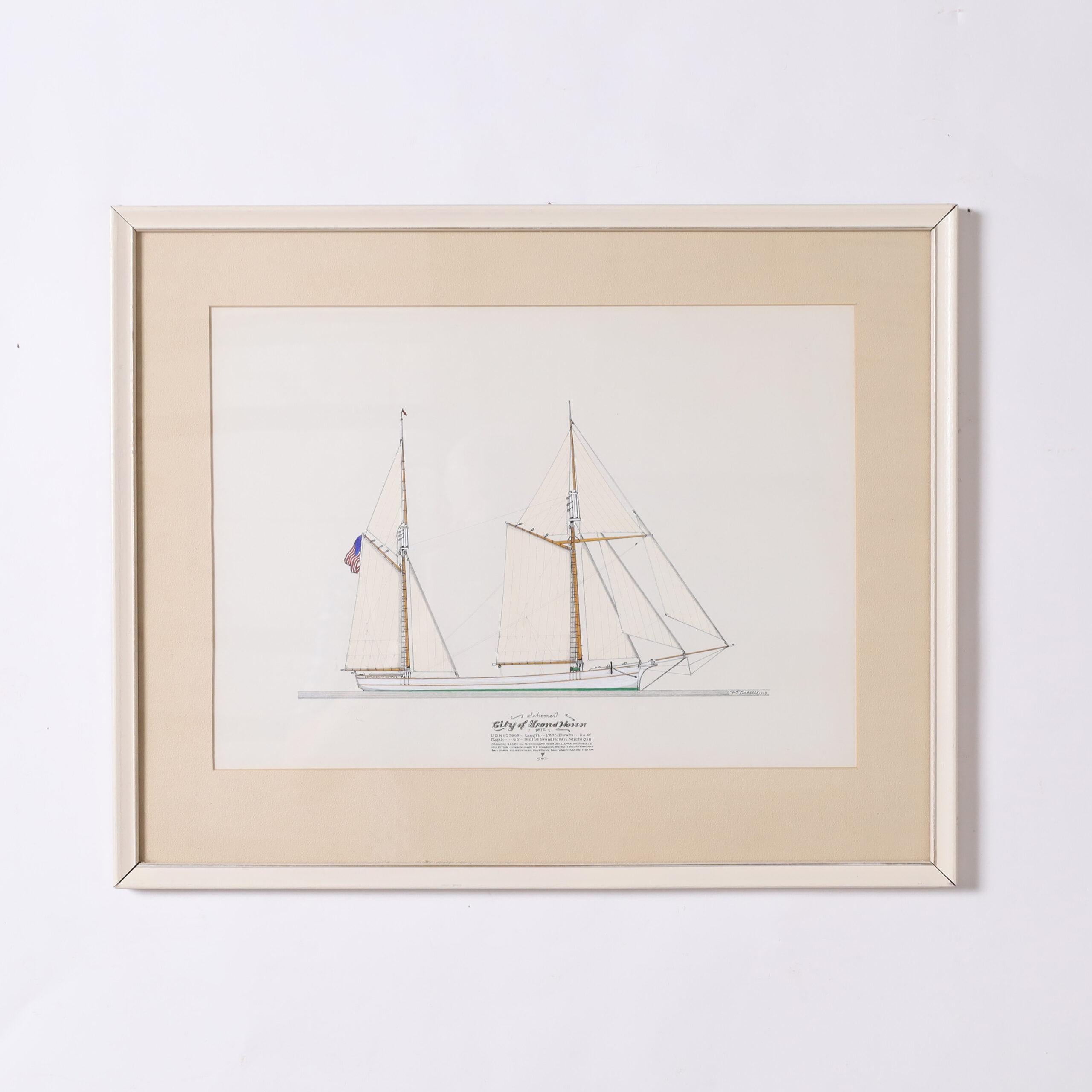 Peinture marine sur papier d'un bateau à vapeur Great Lakes