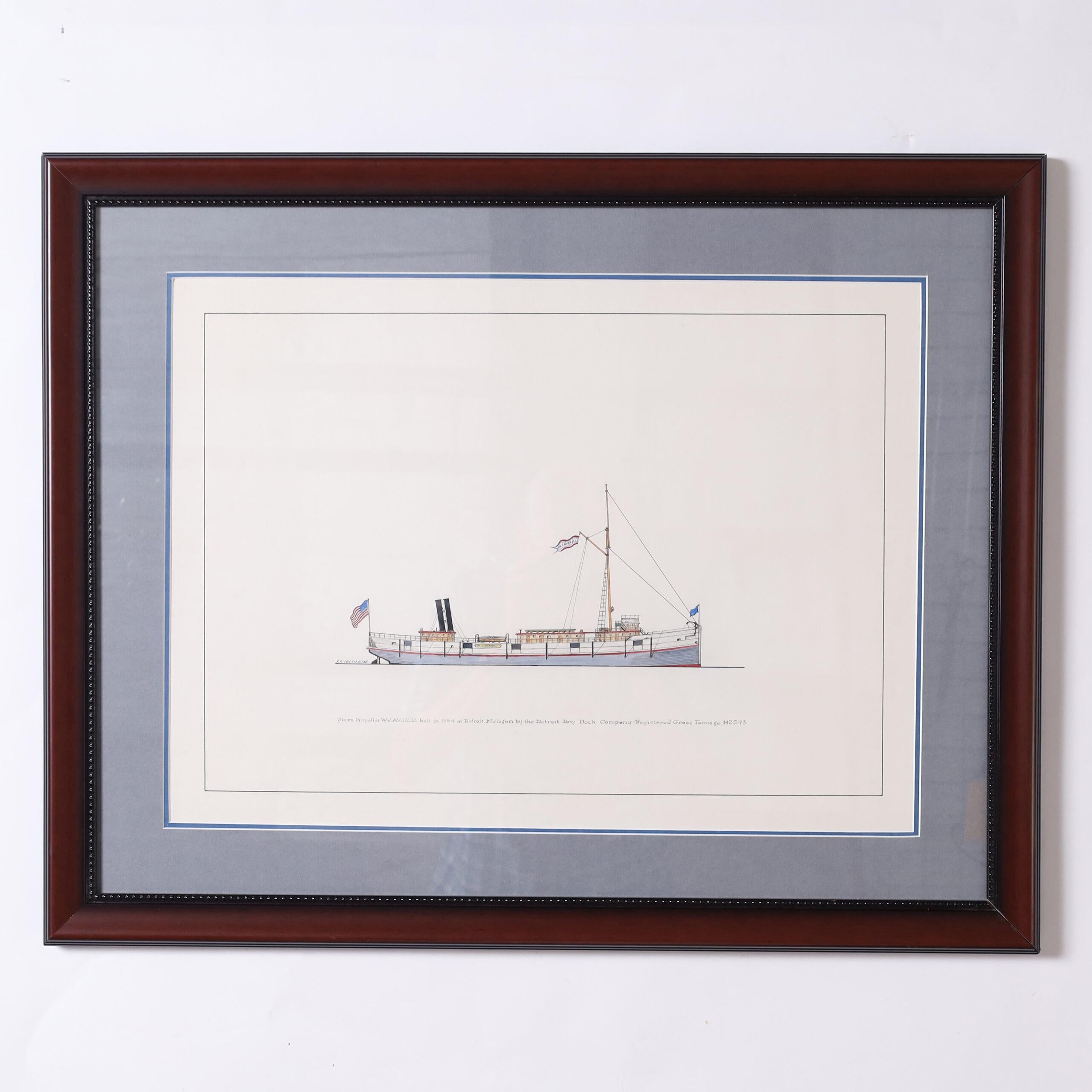 Peinture marine sur papier d'un bateau à vapeur Great Lakes