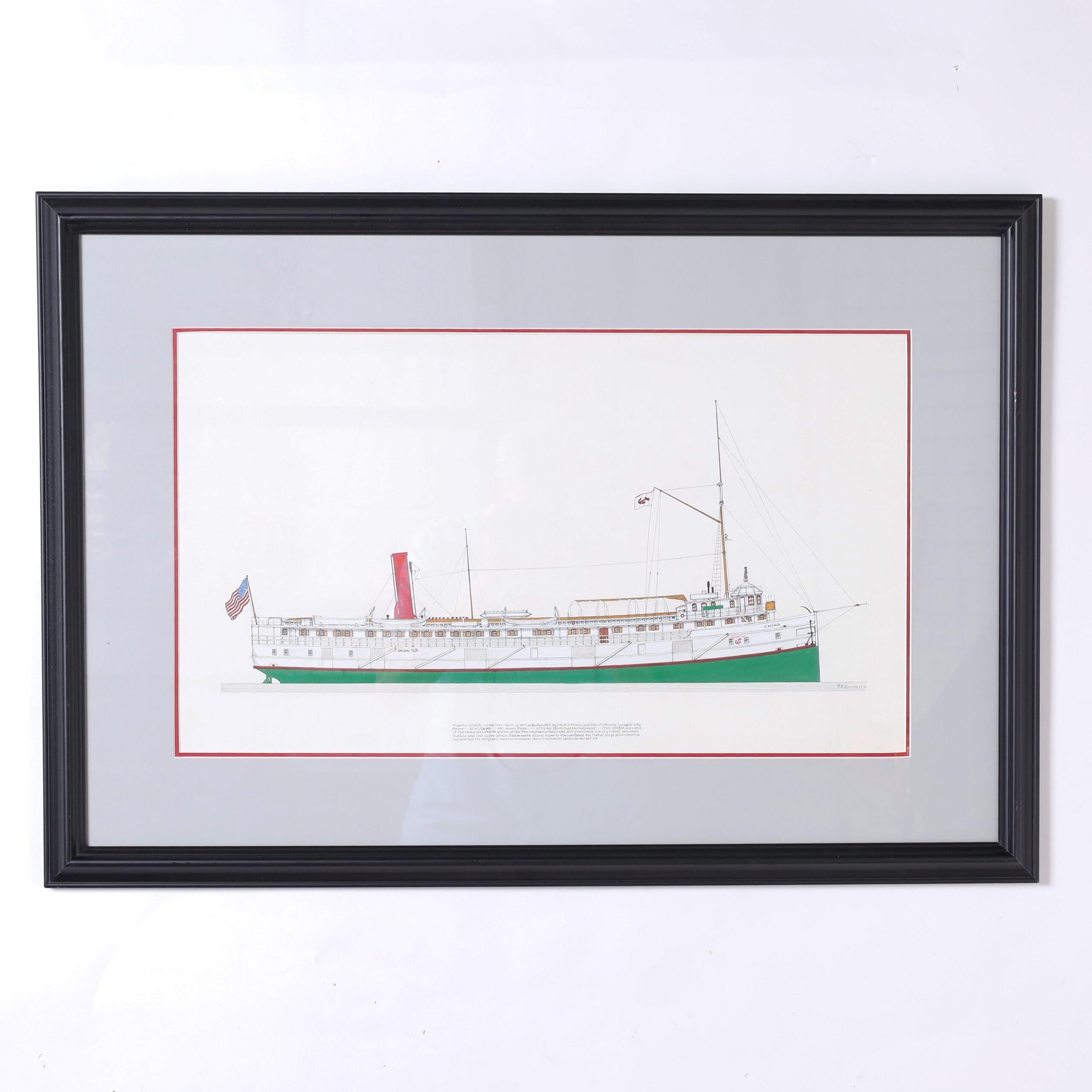 Peinture marine sur papier d'un bateau à vapeur Great Lakes