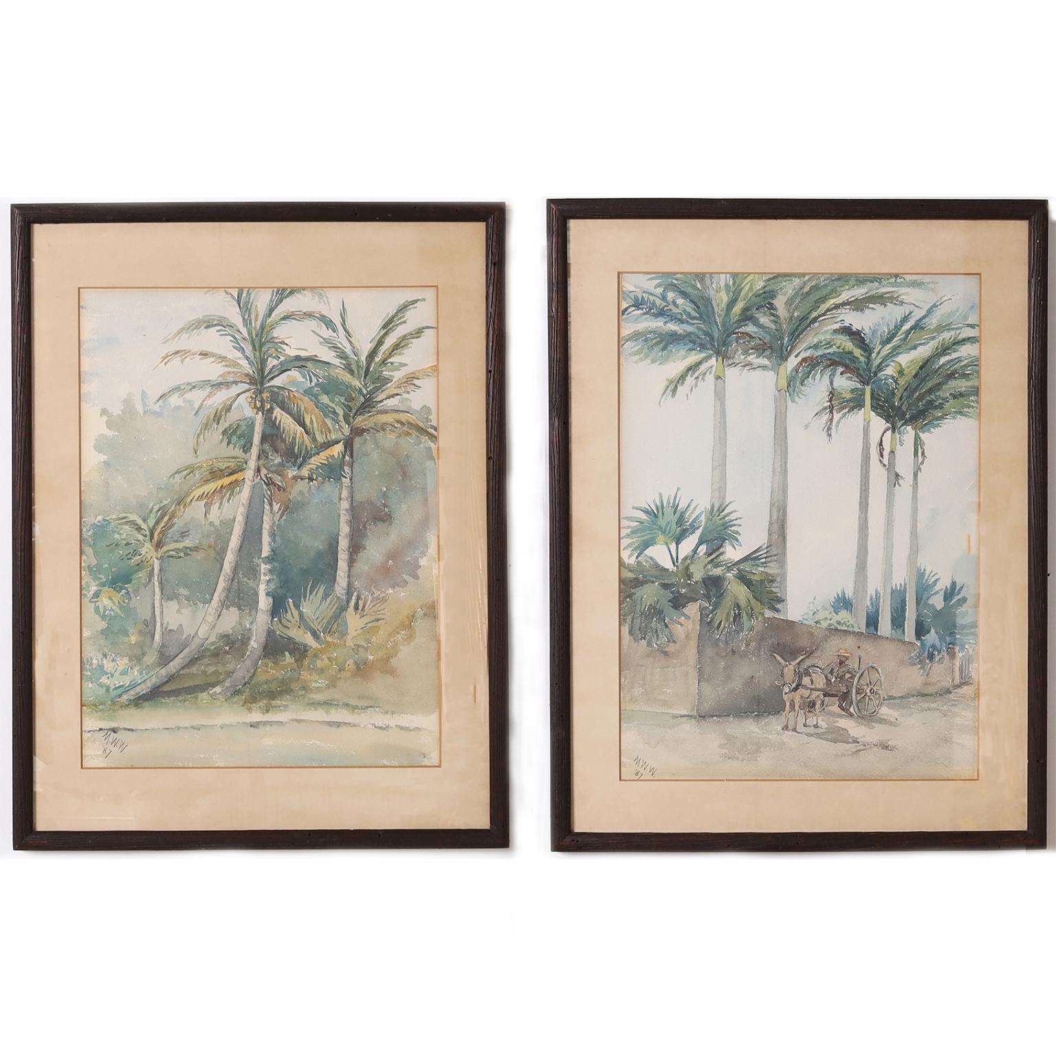 Paar antike tropische Aquarellgemälde mit Aquarellfarben – Art von Unknown