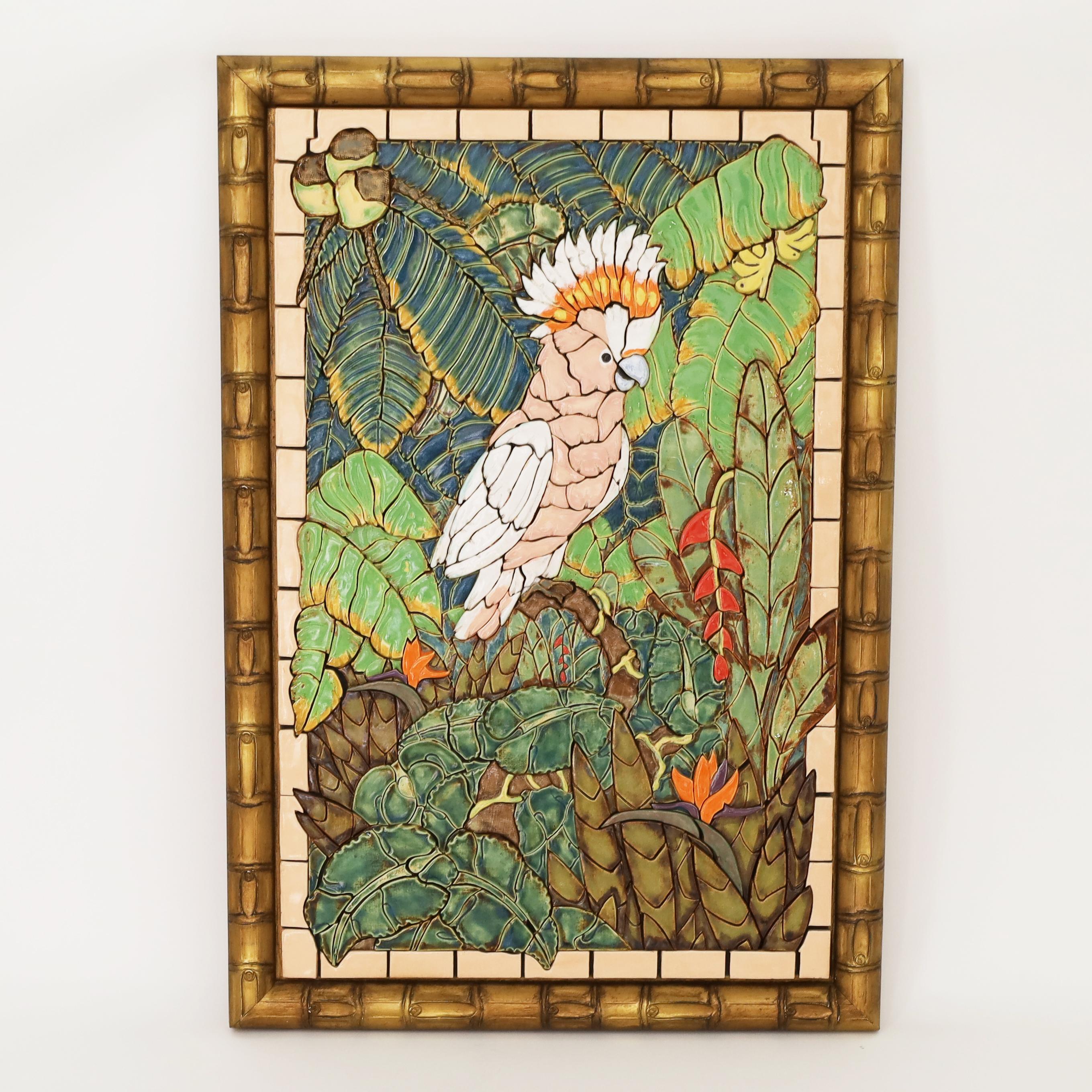 Wall Hanging Jungle Mosaic Tile Panel with Cockatoo or Bird