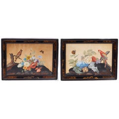 Pair of Antique Still Life Watercolors with Flowers and Birds