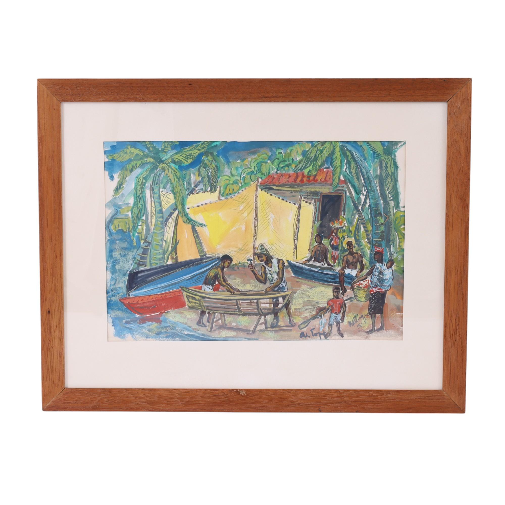 Vintage Tropical Watercolor with Palm Trees and Figures in Martinique