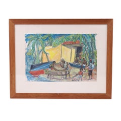 Vintage Tropical Watercolor with Palm Trees and Figures in Martinique
