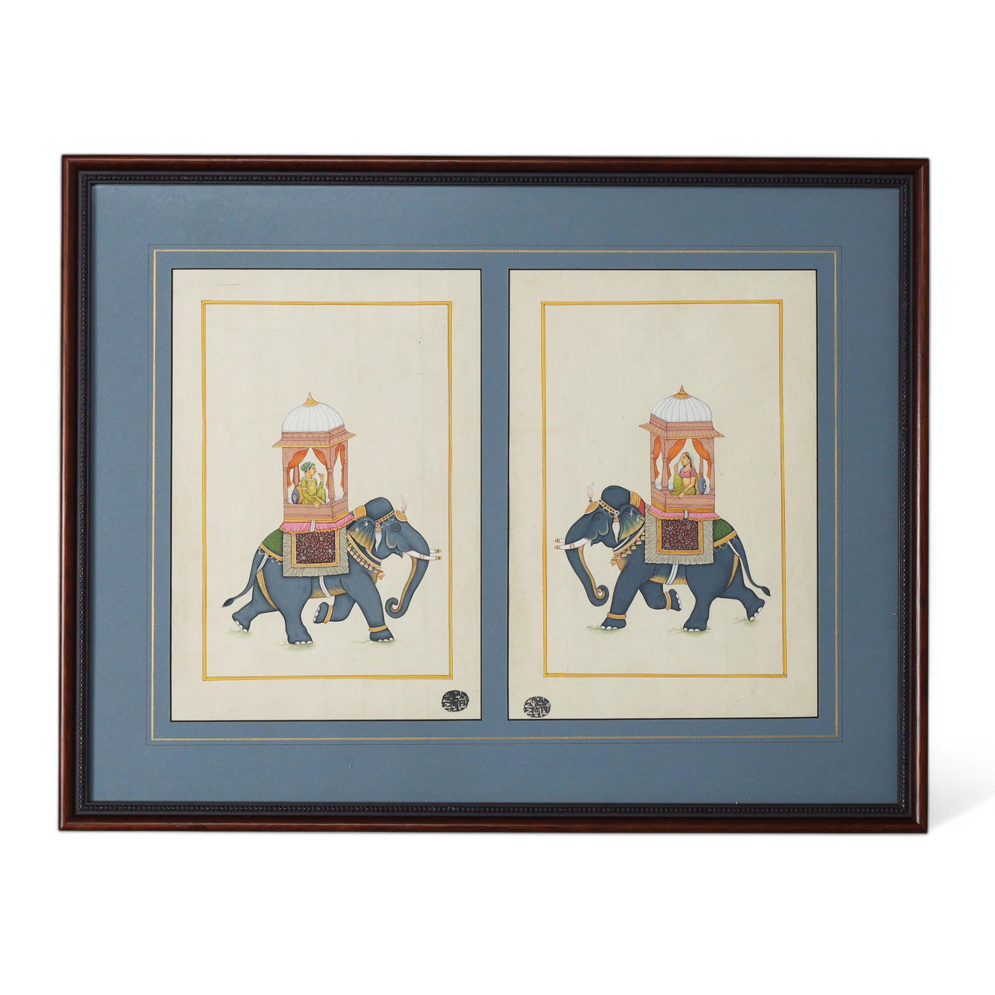 Ein Paar antike gerahmte anglo-indische gerahmte Aquarelle von Elefanten mit Reitern