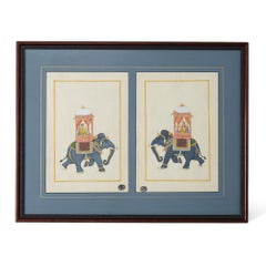 Pair of Antique Anglo Indian Framed Watercolors of Elephants with Riders