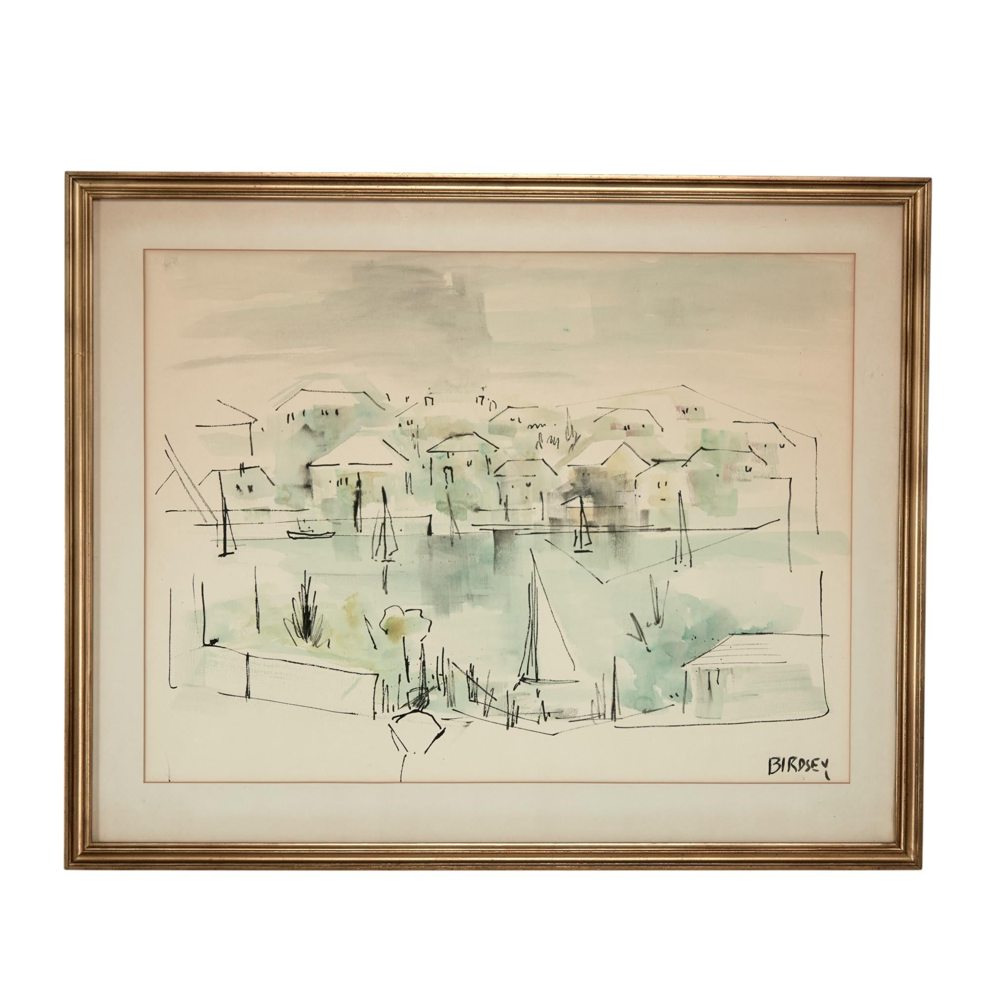 Alfred Birdsey era un famoso pittore bermudiano di origine inglese. Ecco un acquerello rappresentativo del suo stile sicuro e sciolto e dei suoi familiari soggetti del paesaggio costiero. Firmato in basso a destra e presentato sotto vetro