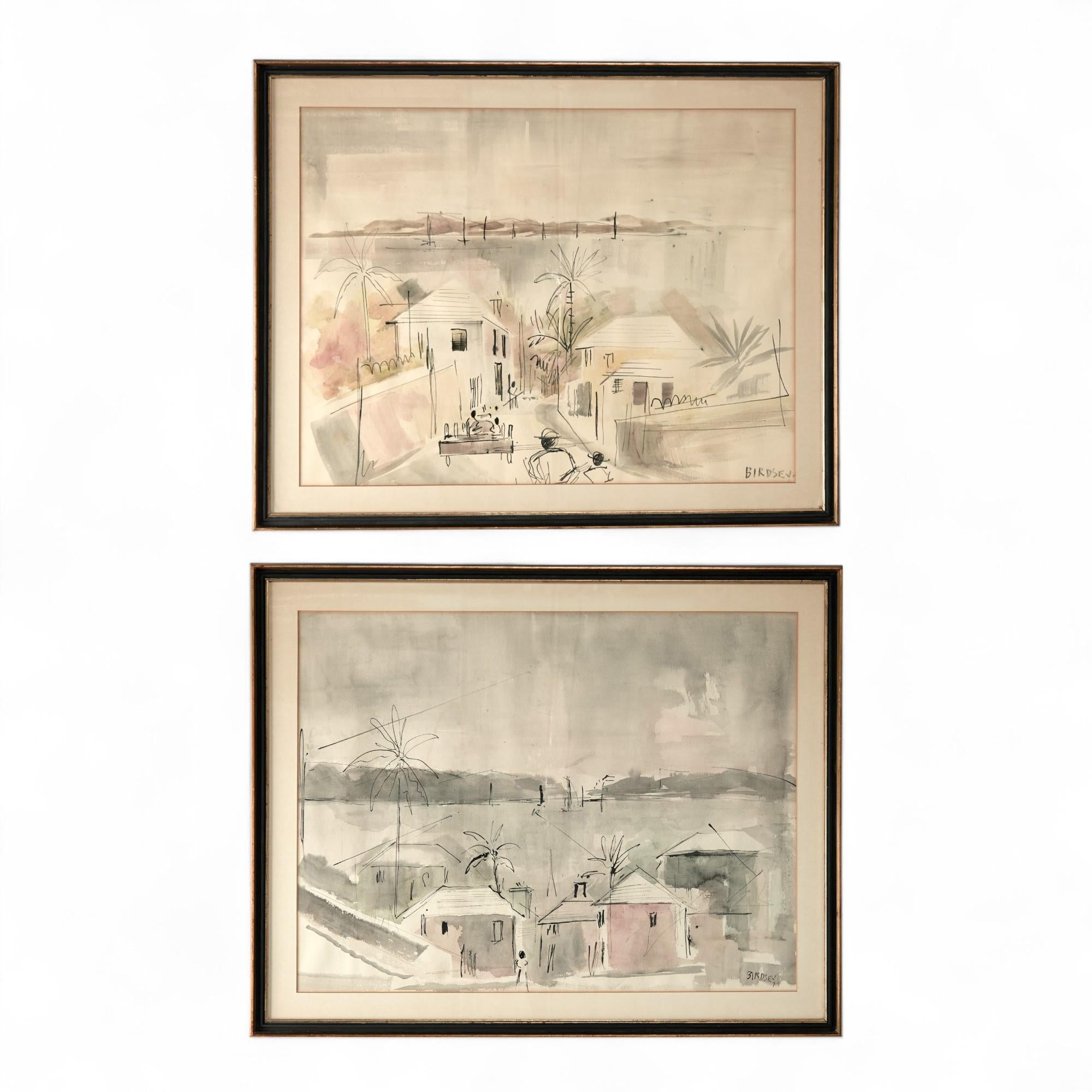 Alfred Birdsey era un famoso pittore bermudiano di origine inglese. Ecco un paio di acquerelli rappresentativi del suo stile sicuro e sciolto e dei suoi familiari soggetti del paesaggio costiero. Firmati in basso a destra e presentati sotto vetro in