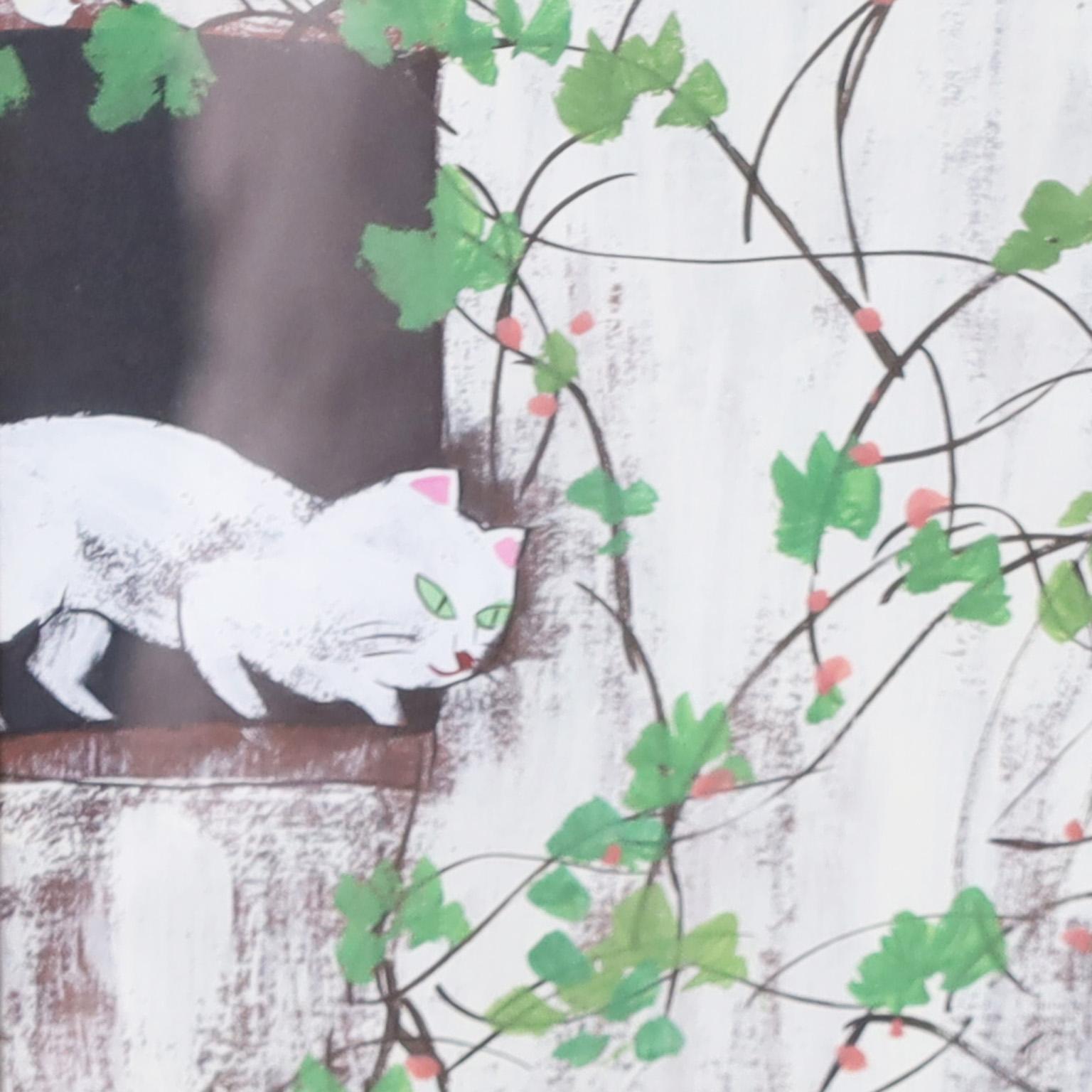 Deux peintures chinoises représentant une femme et des chats dans un cadre commun - Gris Figurative Art par Unknown