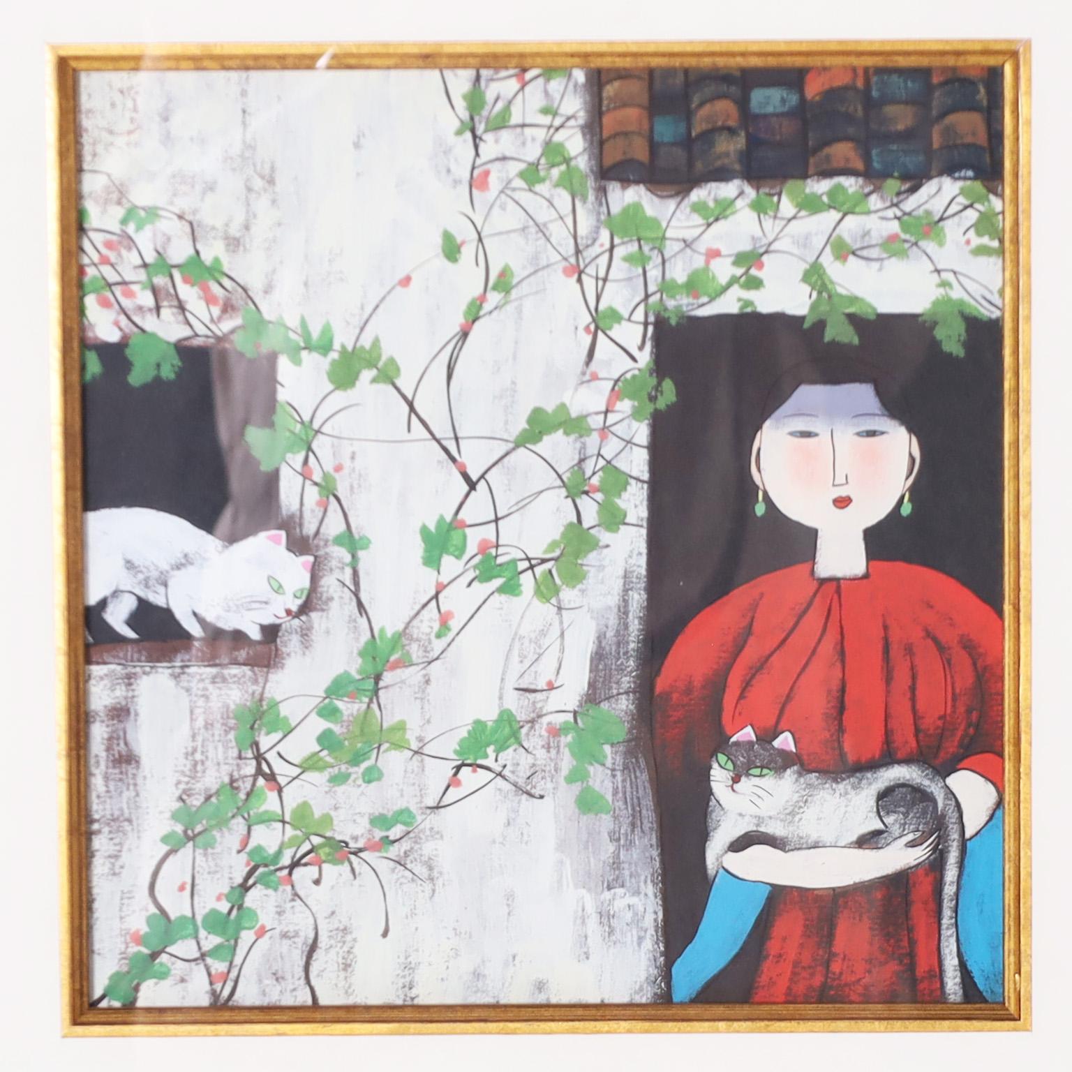 Intrigante paire de peintures chinoises modernes exécutées à la gouache sur papier dans un style asiatique naïf coloré distinctif représentant des femmes avec des chats dans un jardin. Toutes deux présentées dans un cadre commun en bois doré sous