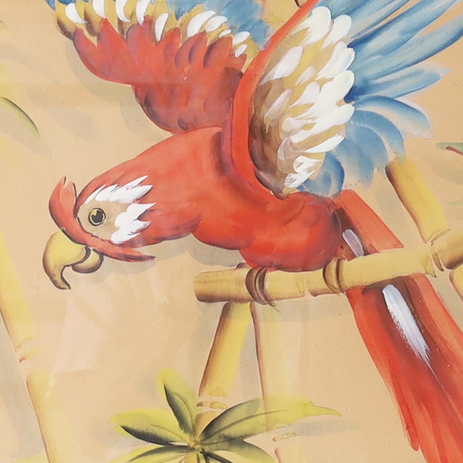 Mixed Media Painting of a Parrot in a Faux Bamboo Frame - Art by Unknown