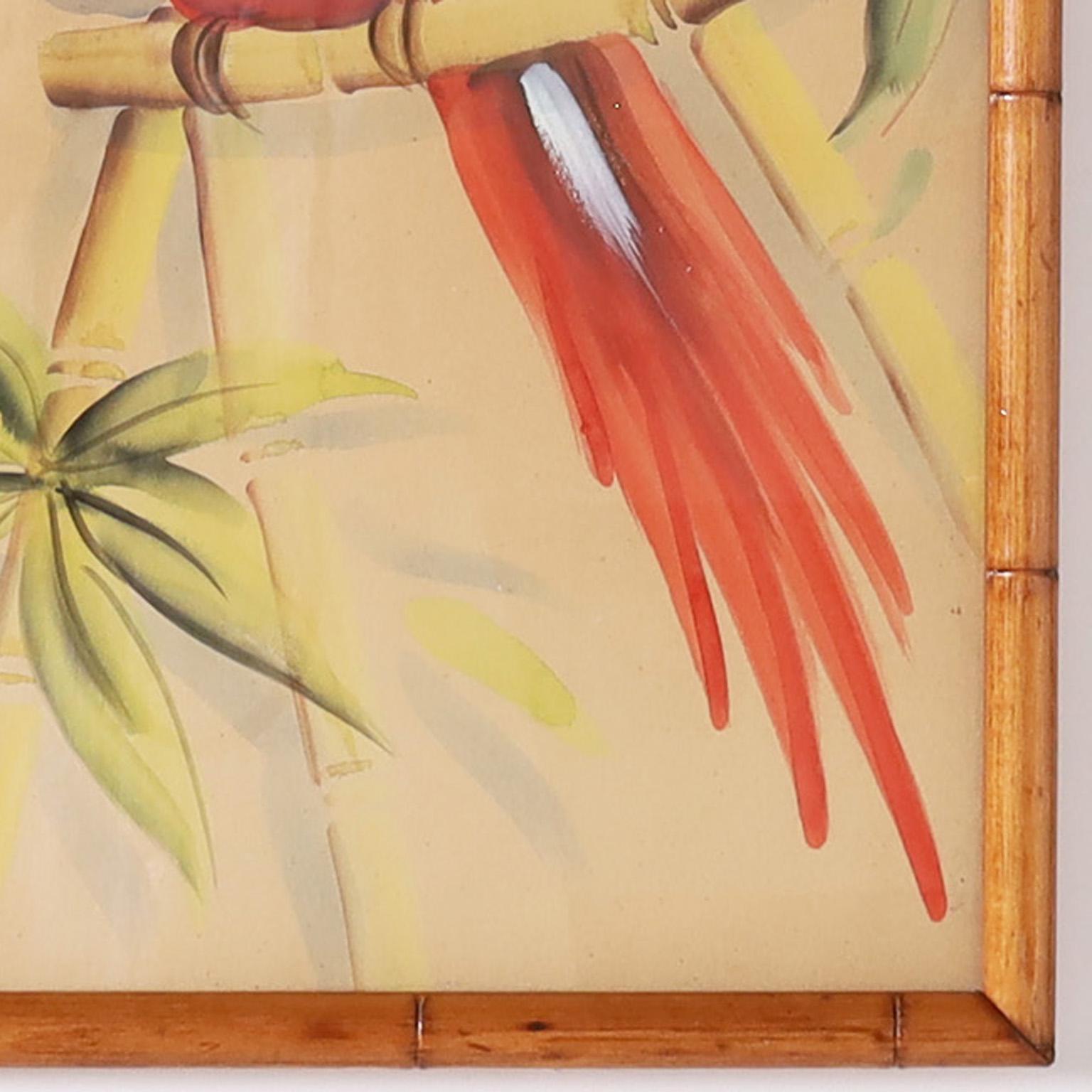 Großzügiges Mixed-Media-Gemälde eines Papageis auf braunem Papier im klassischen Art-Déco-Stil mit kühnem Strich in Aquarell und Gouache. Signiert von dem bekannten amerikanischen Künstler und Illustrator G. A. Reiman. Präsentiert in einem Rahmen