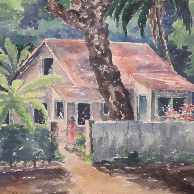 Aquarell auf Papier mit einer tropischen Szene mit Häusern, Palmen und Figuren in einer üppigen Palette. Von der amerikanischen Künstlerin Margaret Morrish 1956 in Port Antonio's Jamaika signiert und in einem versilberten Holzrahmen unter Glas