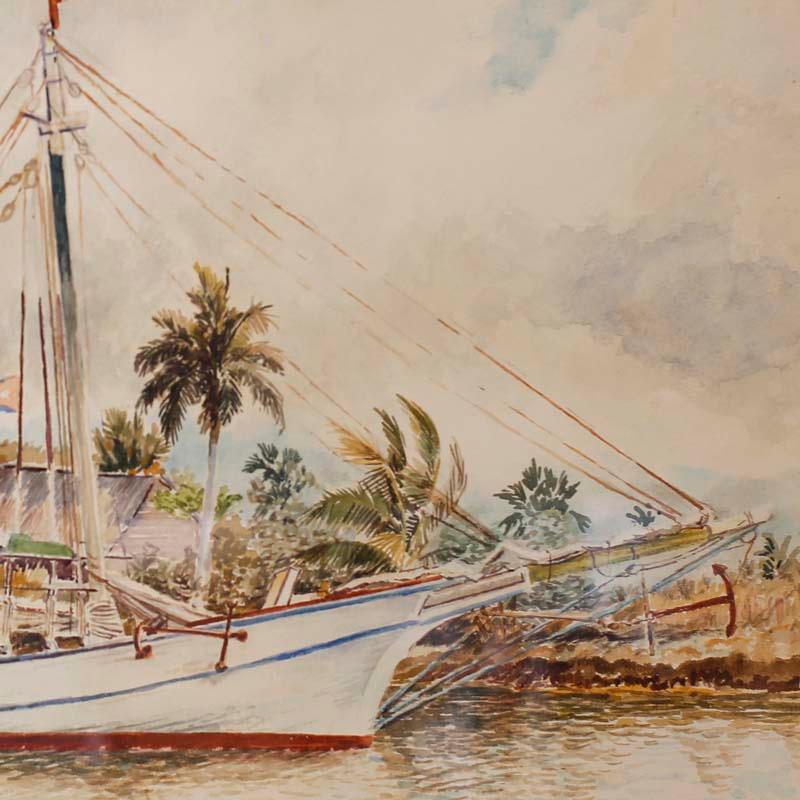 Gerahmtes Aquarell auf Papier eines kubanischen Segelbootes – Art von Unknown