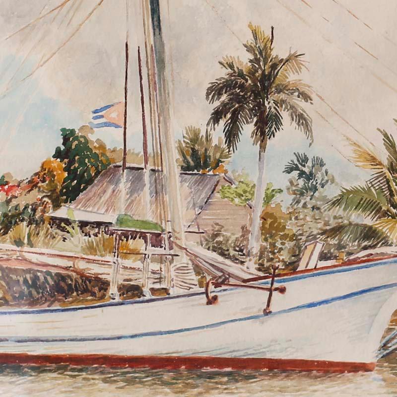 Gerahmtes Aquarell auf Papier eines kubanischen Segelbootes (Beige), Landscape Art, von Unknown