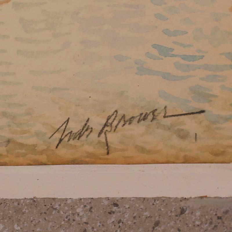 Aquarell auf Papier eines ruhenden Segelboots mit kubanischer Flagge in einer tropischen Umgebung, als ob ein großes Abenteuer bevorstünde. Unter Glas präsentiert und signiert von Judy Brown mit dem Original-Galerieetikett auf der Rückseite.