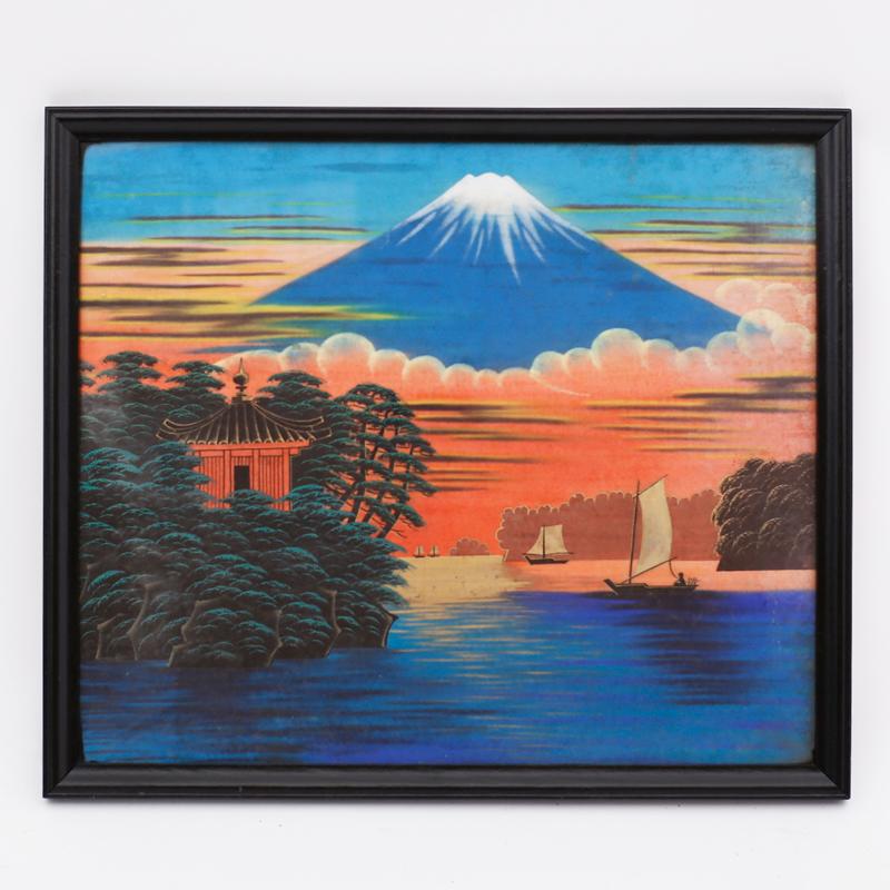 Set of three perspectives of the iconic Mount Fuji painted with gouache, now under glass, in bold colors with architecture, bridges, boats, people, and trees all with the same confident hand.