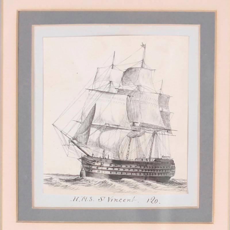 Antique Set of Nine Framed Pen and Ink Navel Sailing Ships - Gray Landscape Art by Unknown