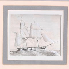 Antique Set of Nine Framed Pen and Ink Navel Sailing Ships