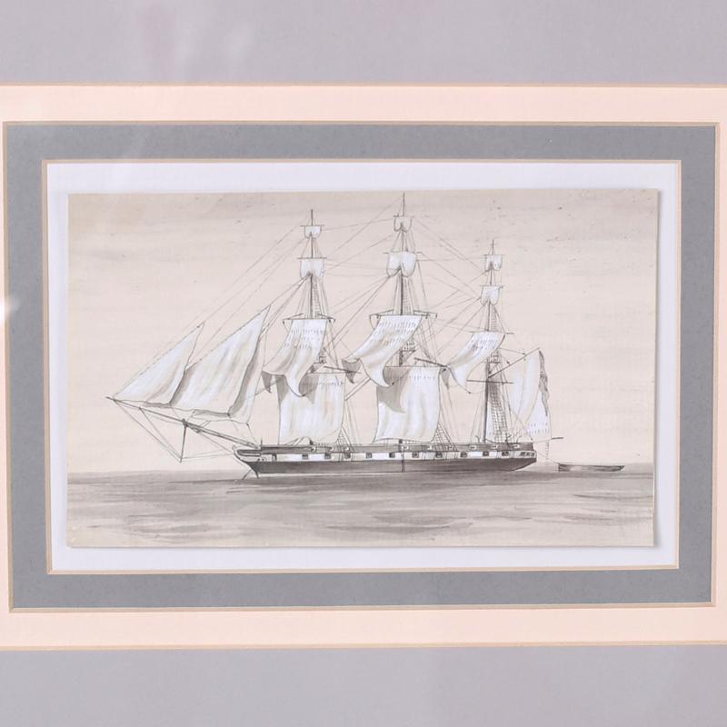 Set of nine antique drawings of American and English Navel Sailing ships executed in a pen and ink technique highlighted with watercolor, matted and presented in mahogany frames behind glass.

Top Row- H: 10.5 W: 11 D: .75
Middle Row- H: 10.5 W: 13