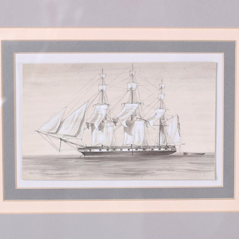Set of nine antique drawings of American and English Navel Sailing ships executed in a pen and ink technique highlighted with watercolor, matted and presented in mahogany frames behind glass.

Top Row- H: 10.5 W: 11 D: .75
Middle Row- H: 10.5 W: 13