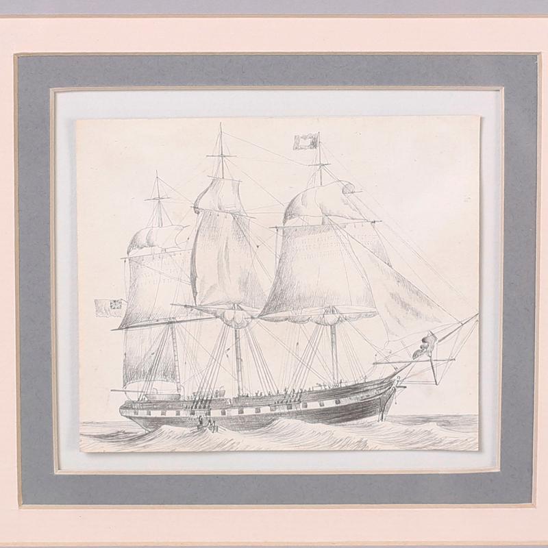 Antique Set of Nine Framed Pen and Ink Navel Sailing Ships For Sale 1