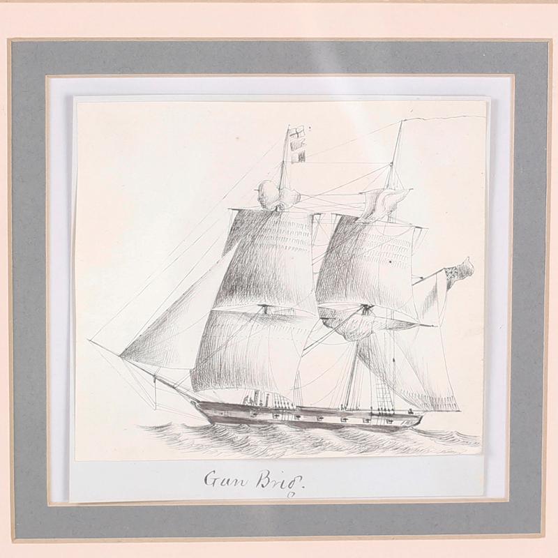 Antique Set of Nine Framed Pen and Ink Navel Sailing Ships For Sale 2