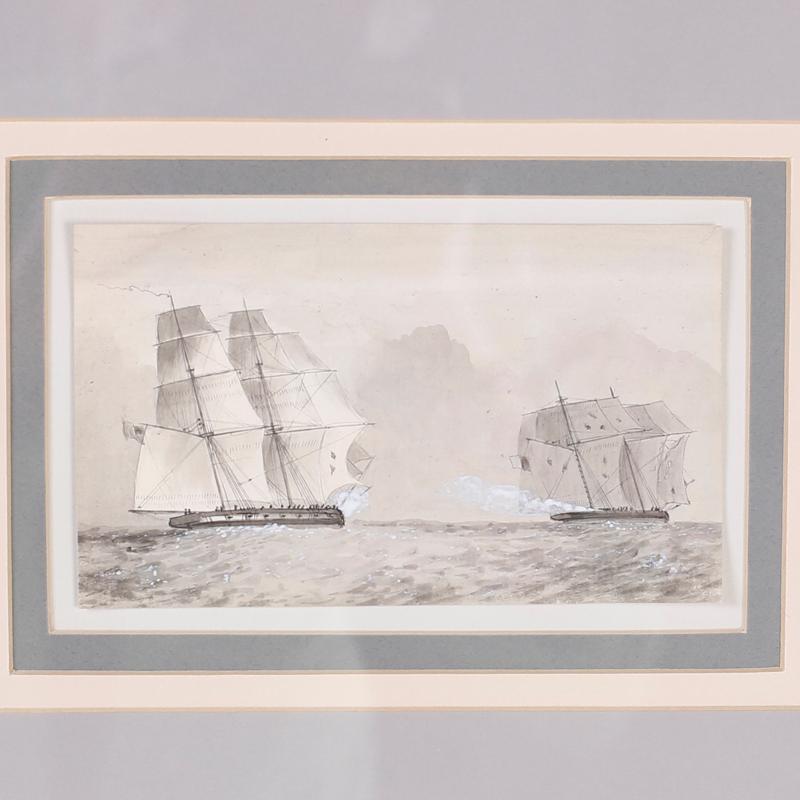 Antique Set of Nine Framed Pen and Ink Navel Sailing Ships For Sale 3