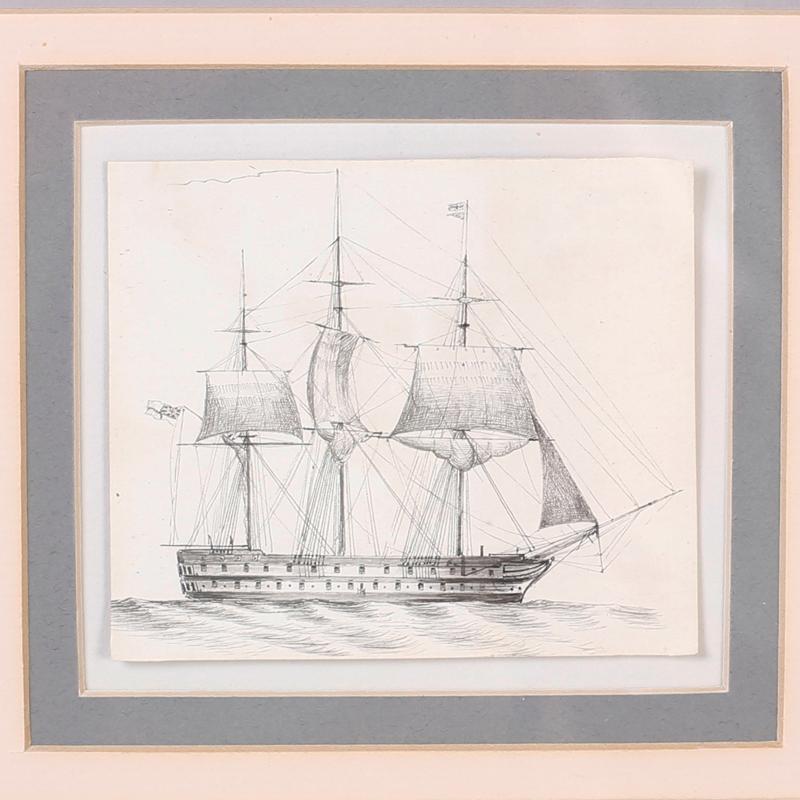Antique Set of Nine Framed Pen and Ink Navel Sailing Ships For Sale 4