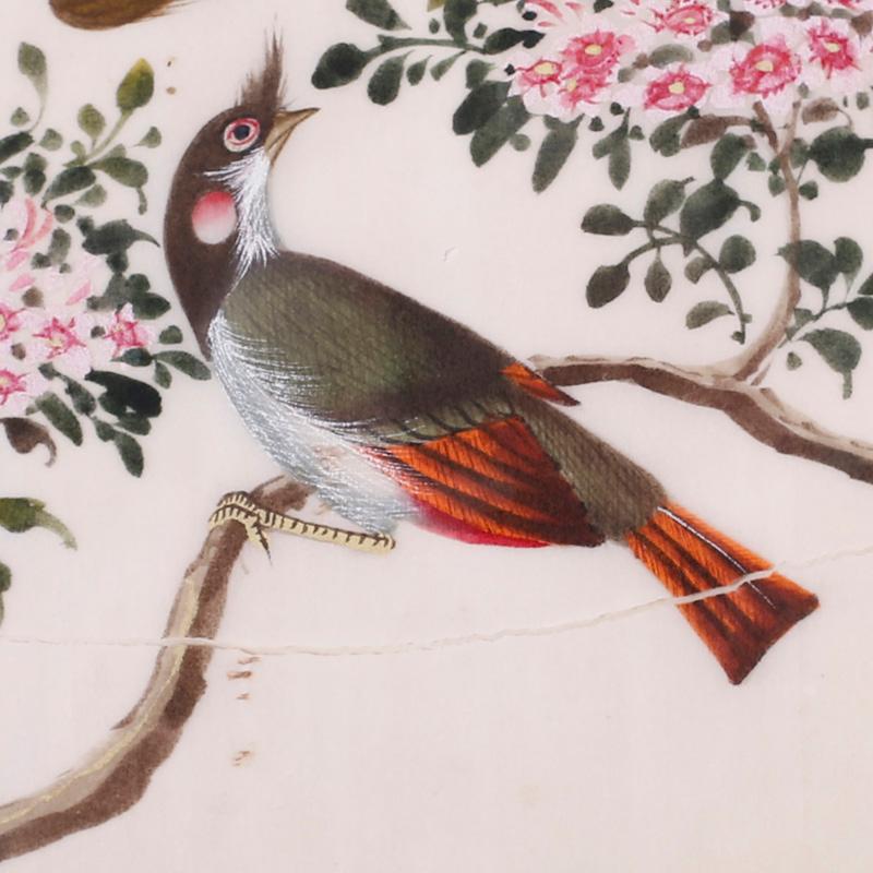 Charming framed and matted antique Chinese painting of birds. Painted on pith paper with gouache in bold colors in a scholastic style. Having the expected wear and foxing.